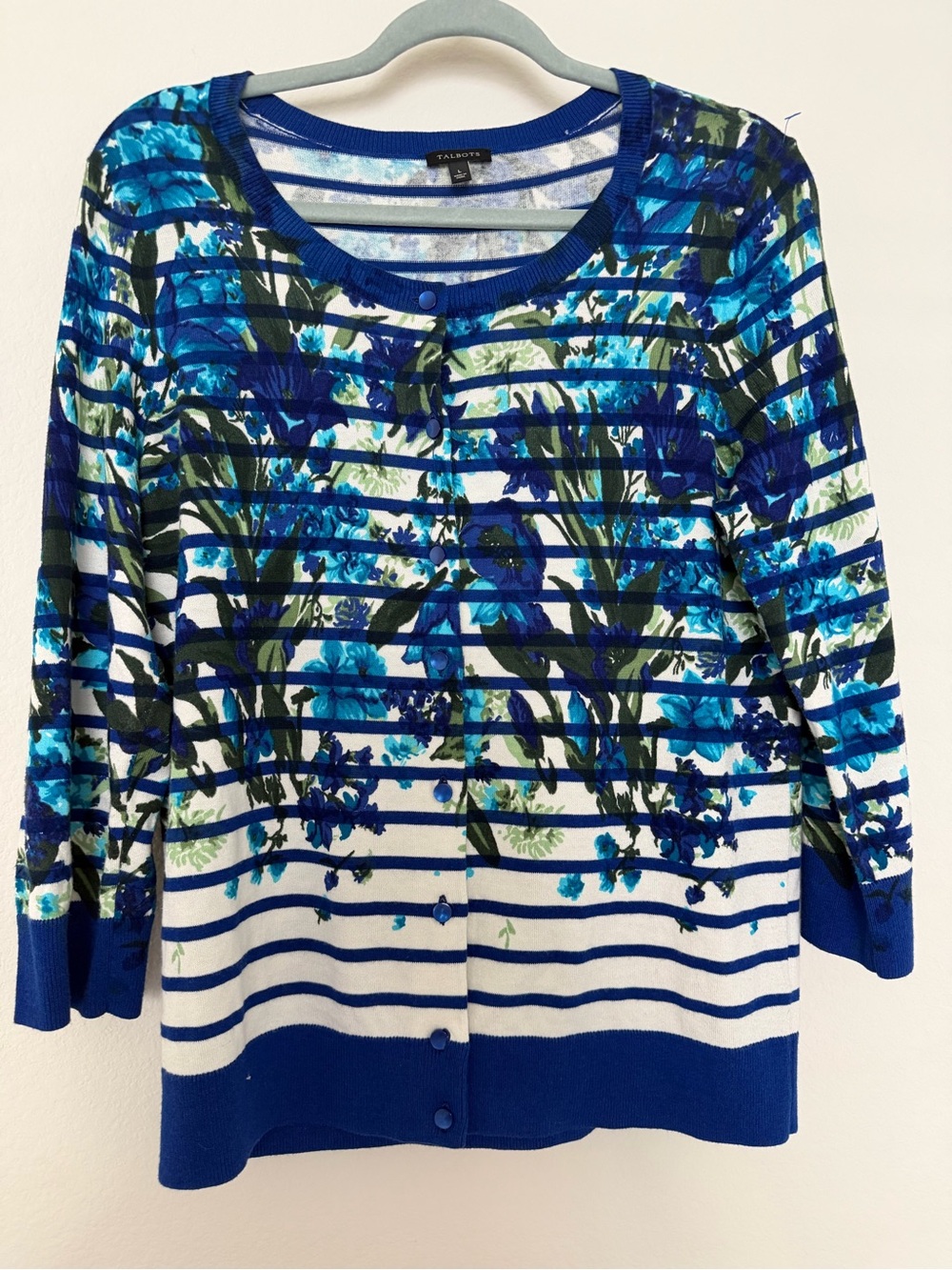 Talbots Blue Floral & Striped Button-Front Cardigan